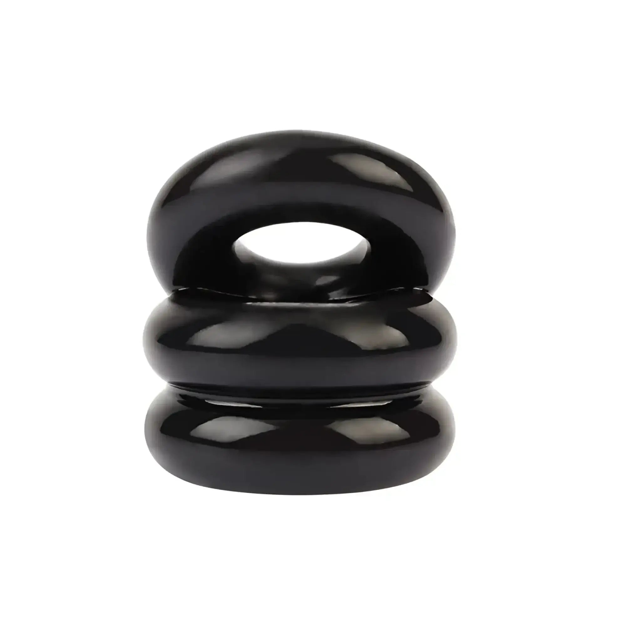 Black glossy ceramic GK Power stacked dual pleasure ring with three rounded segments and central hole one size