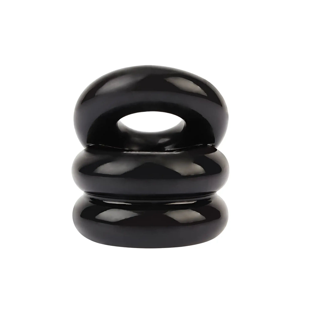 Black glossy ceramic GK Power stacked dual pleasure ring with three rounded segments and central hole one size