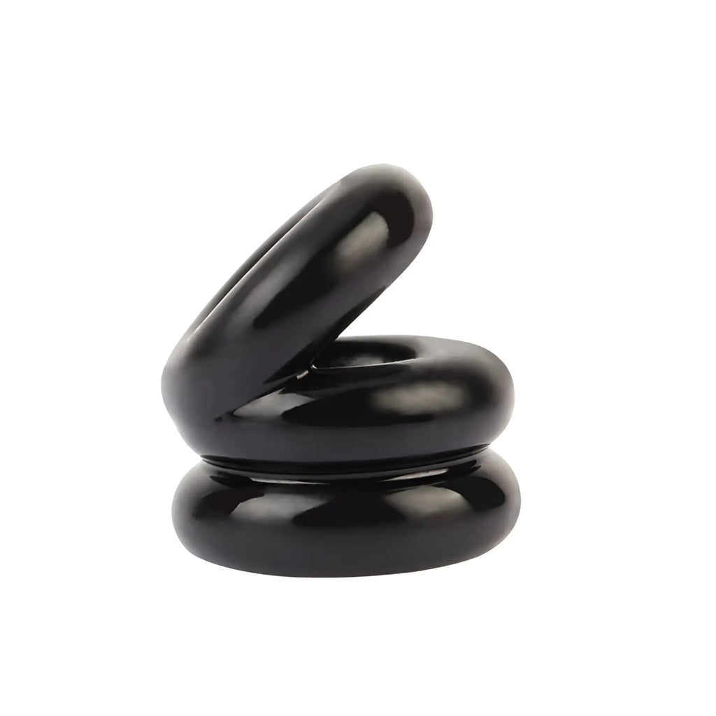 Black glossy GK Power Stacked Dual Pleasure ring with modern sculpted design featuring three interlocking circular bands