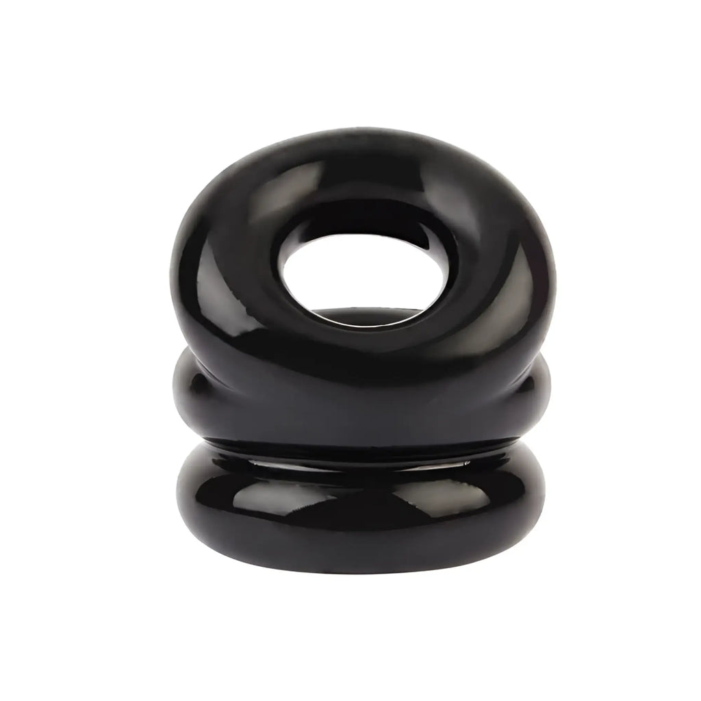 GK power stacked dual pleasure ring black one size made of glossy silicone with smooth rounded triple stacked segments