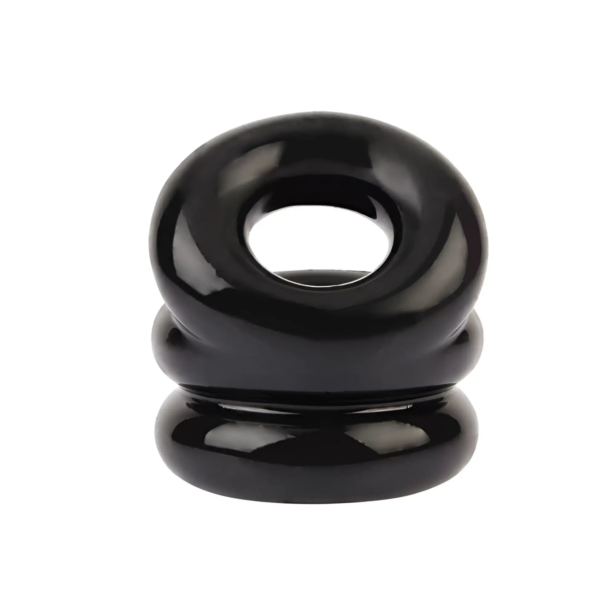GK power stacked dual pleasure ring black one size made of glossy silicone with smooth rounded triple stacked segments
