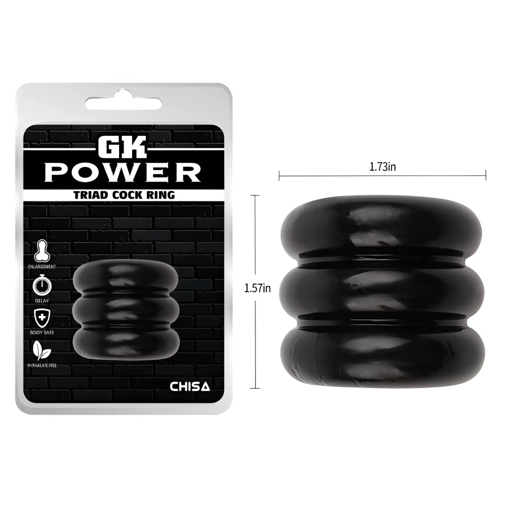 Black gk power triad cock ring made of smooth glossy silicone with three stacked circular rings in one size