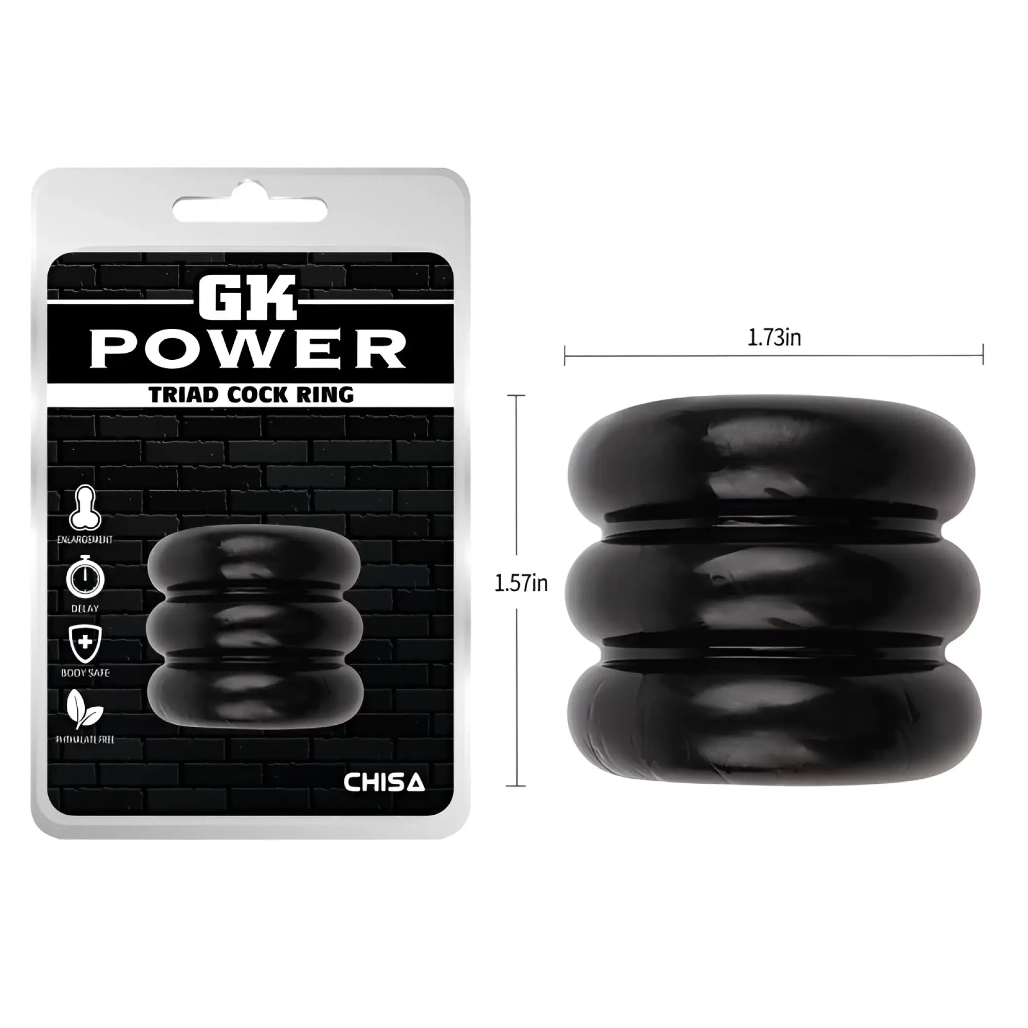 Black gk power triad cock ring made of smooth glossy silicone with three stacked circular rings in one size