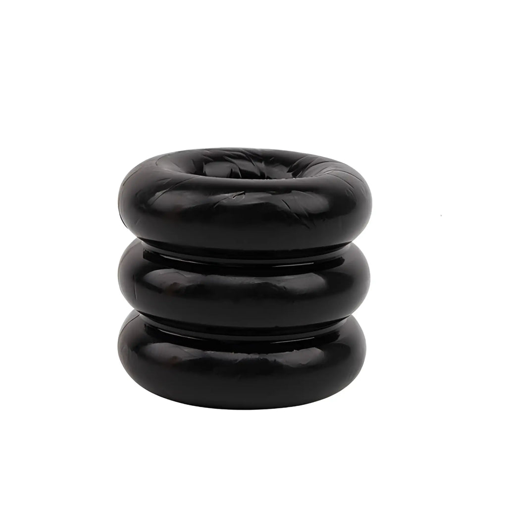 Black glossy rubber inflatable triad cock ring with three stacked circular segments by GK Power one size