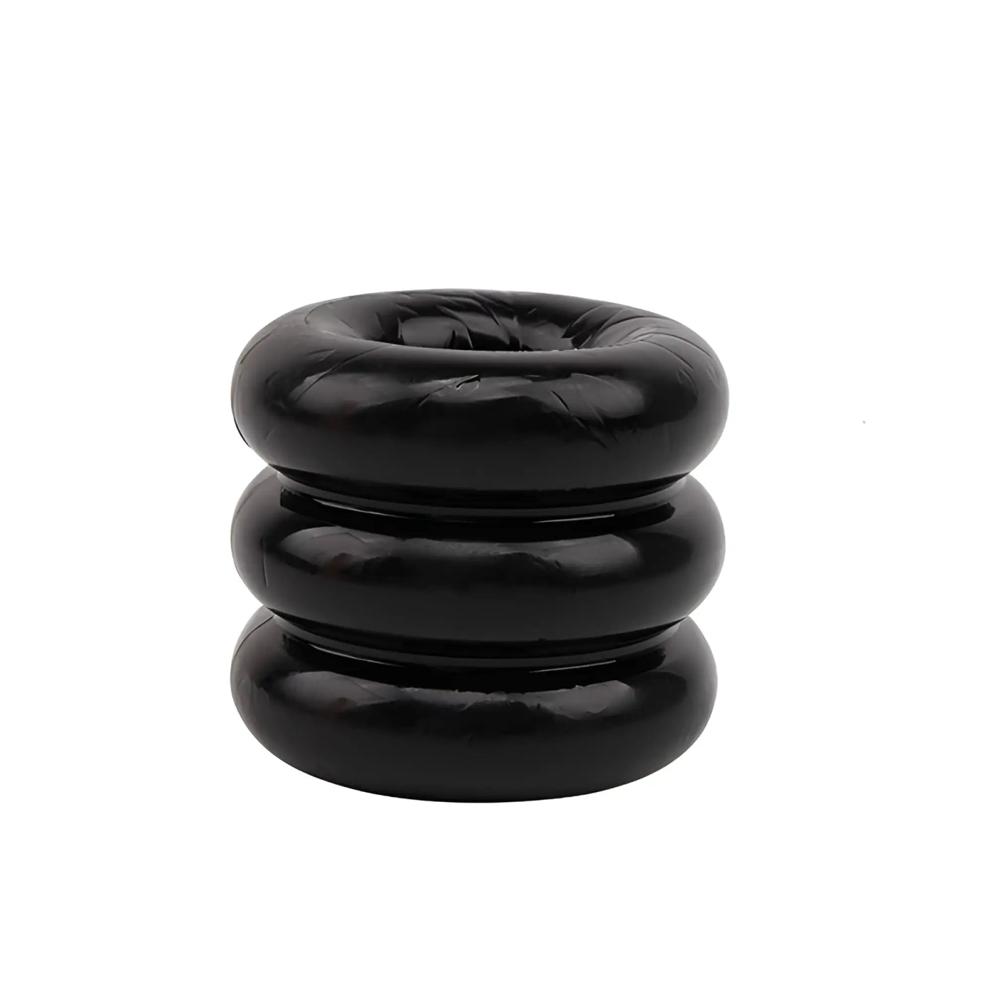 Black glossy rubber inflatable triad cock ring with three stacked circular segments by GK Power one size