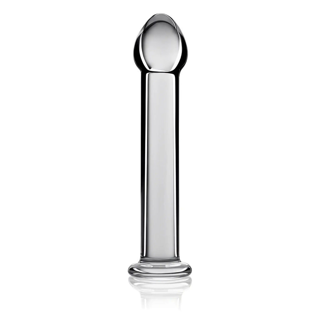 Glass romance 1 clear 7in anal plug with a rounded bulbous head and smooth cylindrical glass body