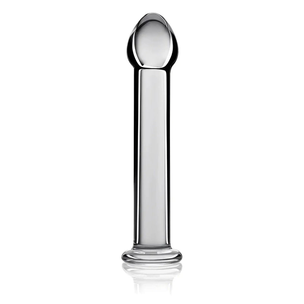 Glass romance 1 clear 7in anal plug with a rounded bulbous head and smooth cylindrical glass body