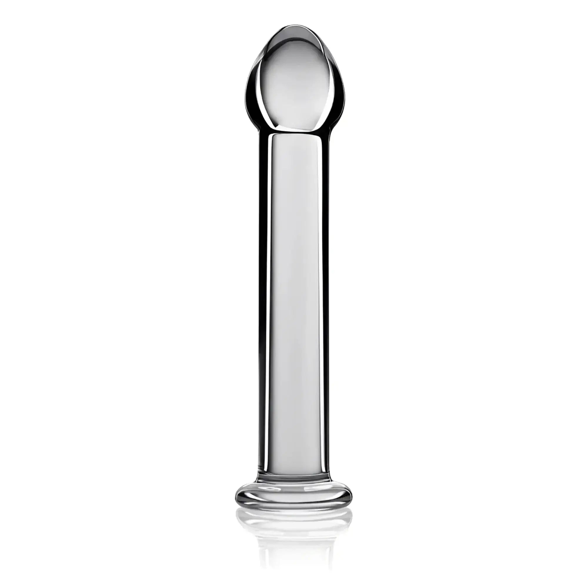Glass romance 1 clear 7in anal plug with a rounded bulbous head and smooth cylindrical glass body