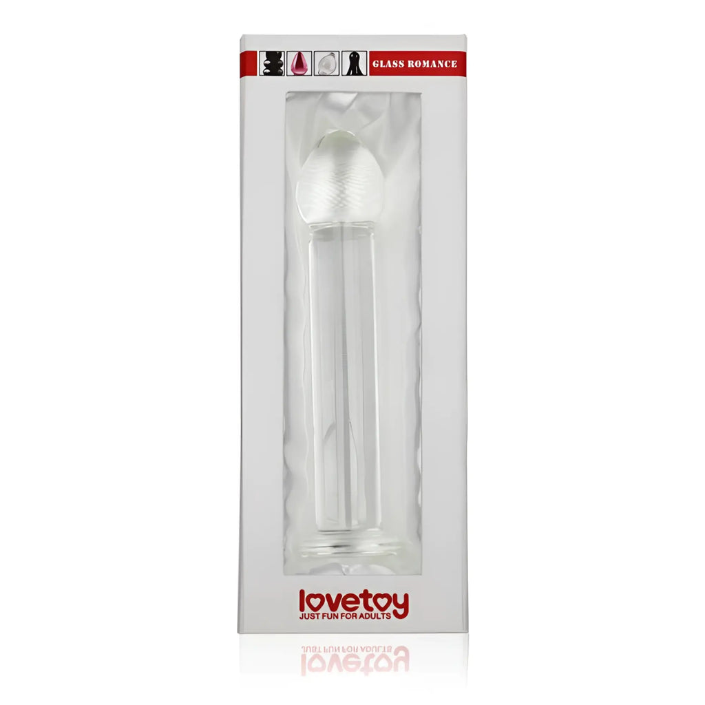 Clear glass dildo with textured rounded head and smooth cylindrical shaft from glass romance 7 inch transparent design