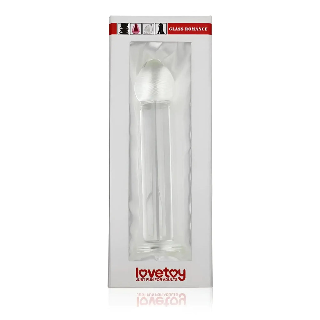 Clear glass dildo with textured rounded head and smooth cylindrical shaft from glass romance 7 inch transparent design
