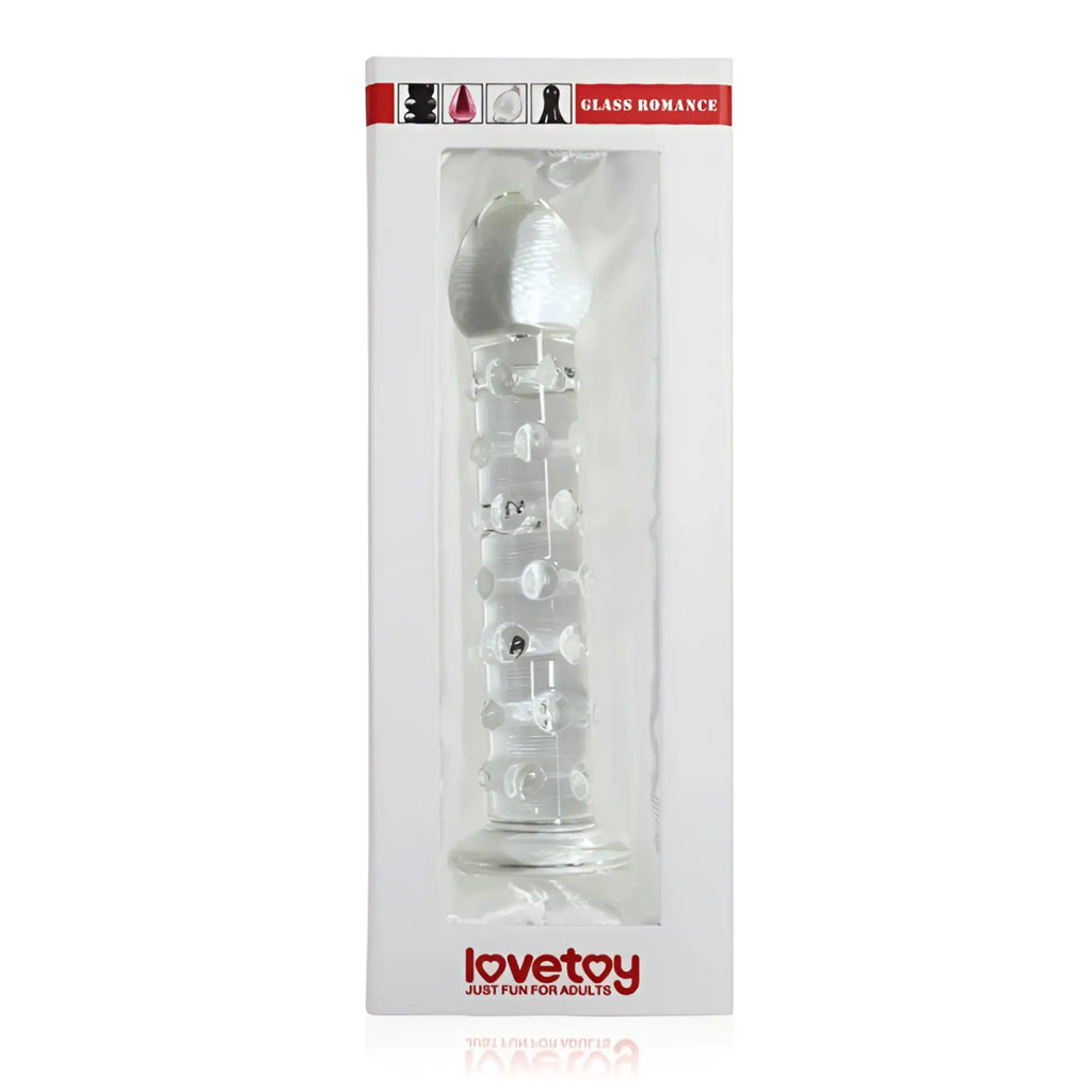 Glass Romance 2 clear glass dildo with textured rounded ridges and bulbous head measuring 7 inches
