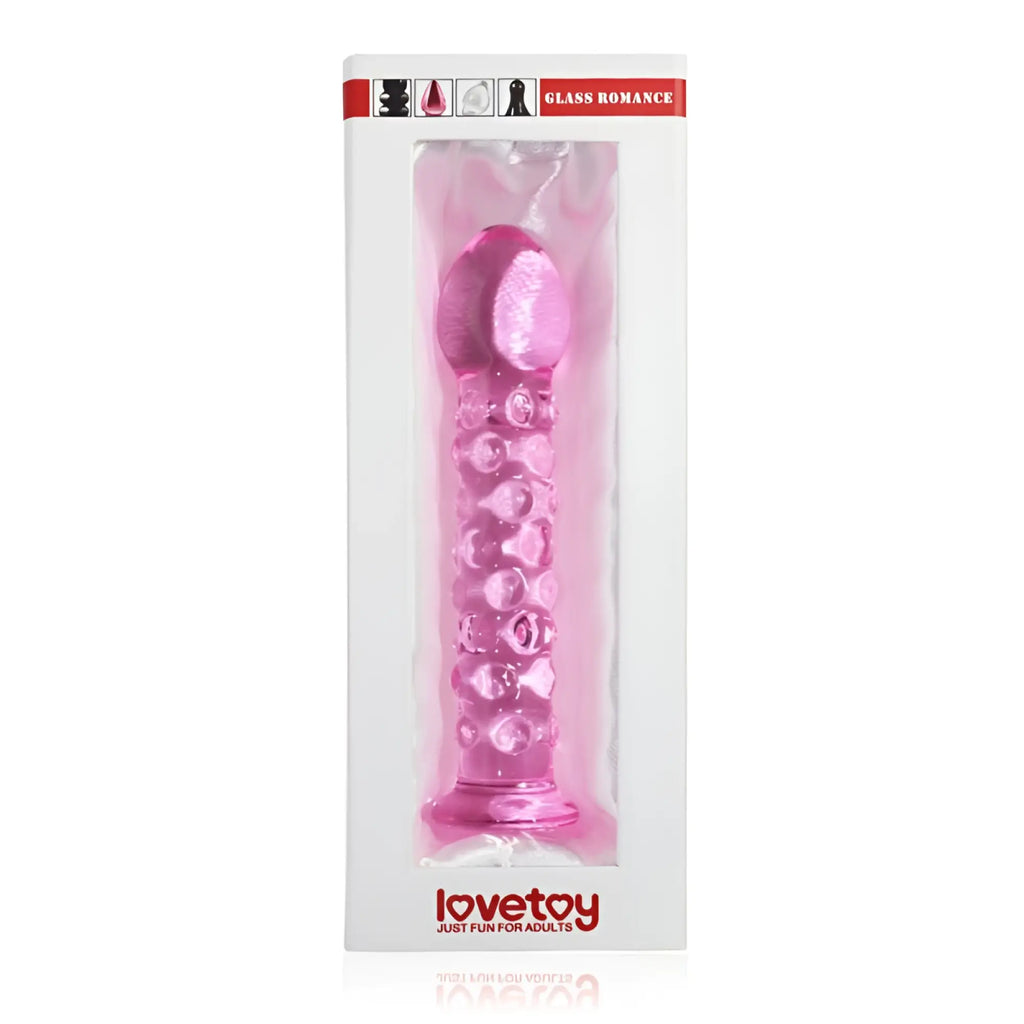 Pink translucent glass dildo with textured rounded surface and bulbous head from glass romance 2 pink 7in line