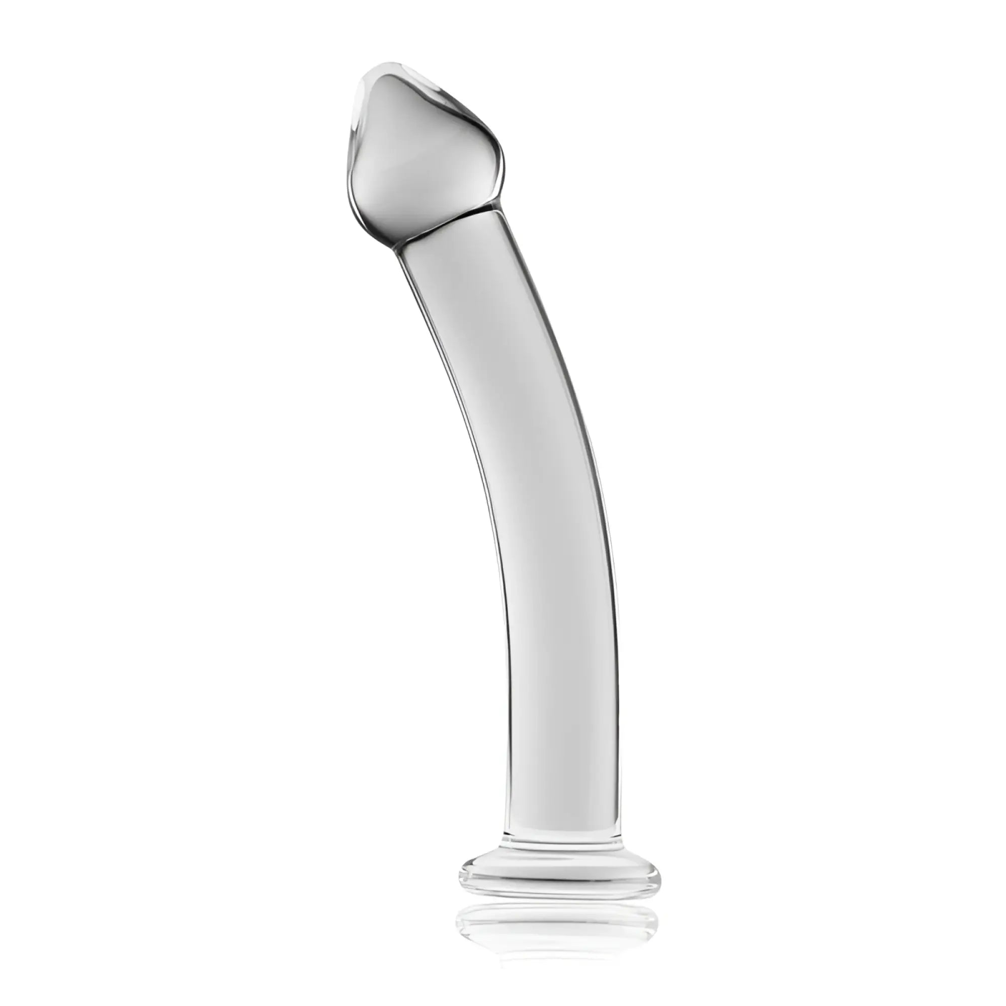 Clear glass curved dildo with rounded head and flared base from glass romance 3 clear 7.5 inch product
