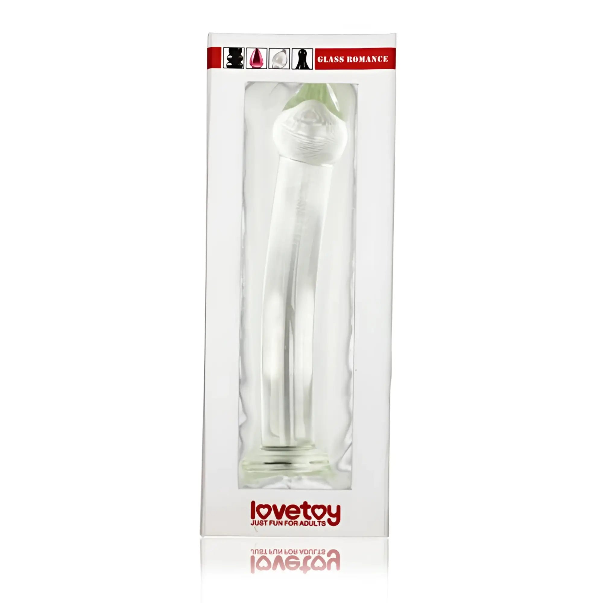 Glass Romance 3 clear 7.5in glass dildo in a white box with red branding showing the product packaging