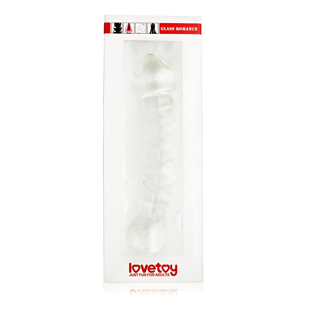 Glass Romance 5 clear 7in glass dildo in a white box with red Glass Romance branding