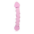 Glass Romance 5 pink 7in glass dildo with pink translucent material, rounded head, spiral ridges, and bulbous base