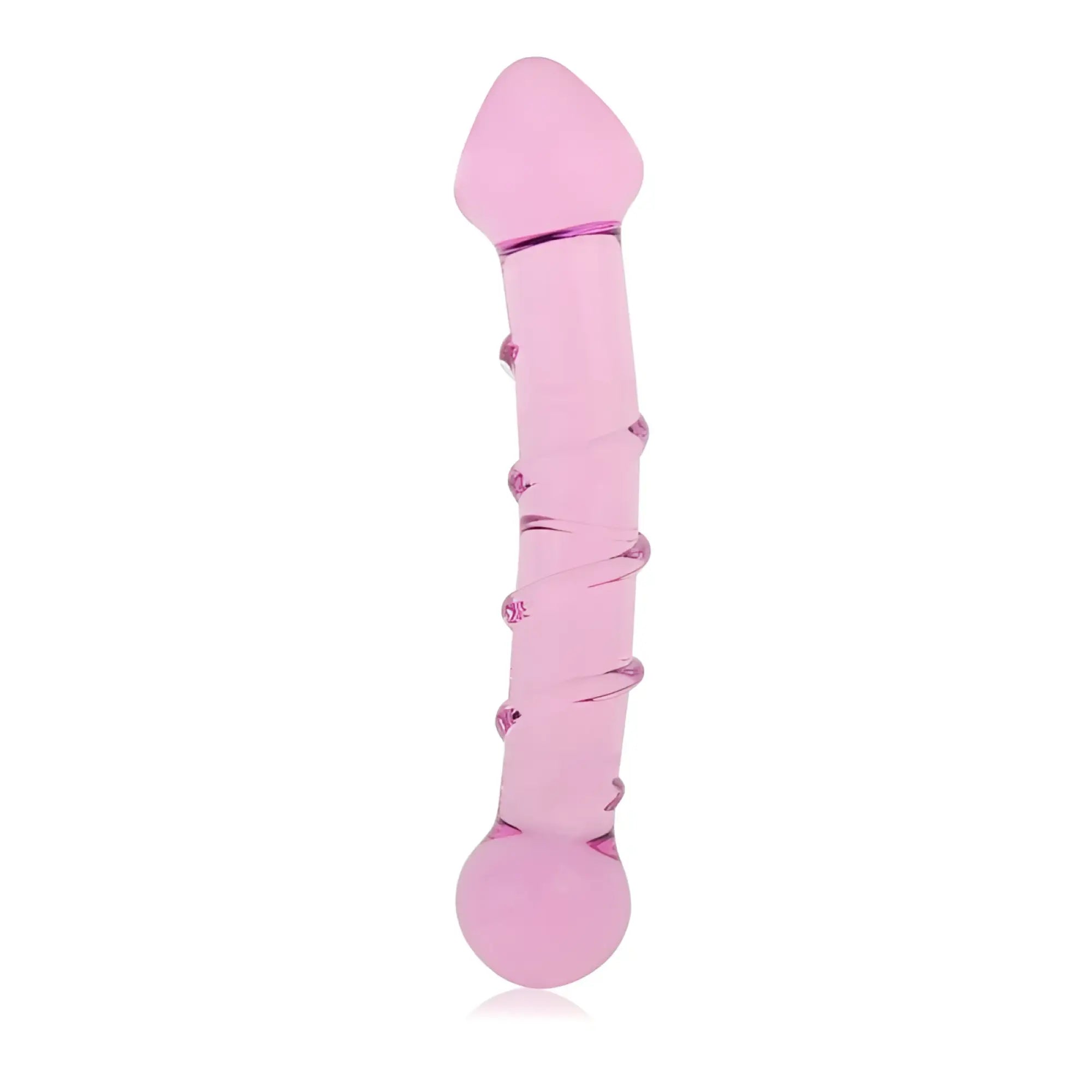 Glass Romance 5 pink 7in glass dildo with pink translucent material, rounded head, spiral ridges, and bulbous base