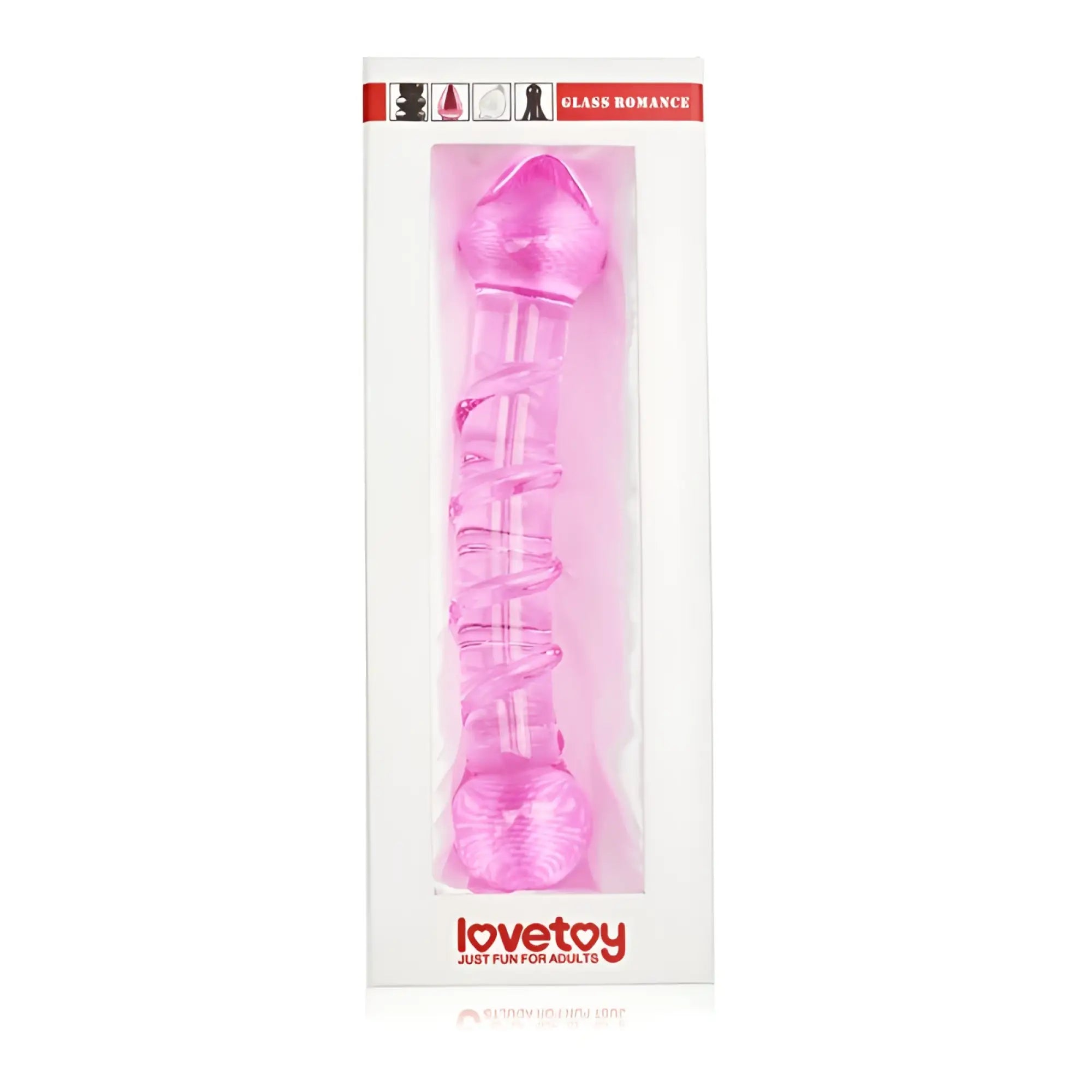 Pink translucent glass dildo 7 inch in a white box with glass romance branding