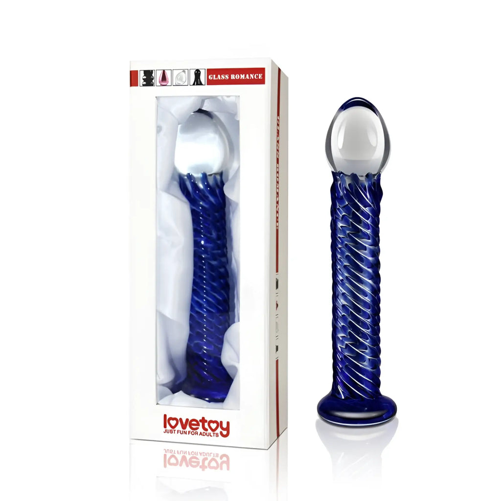 Blue glass dildo with twisted design and clear spherical head by lovetoy glass romance 7 7.5 inch