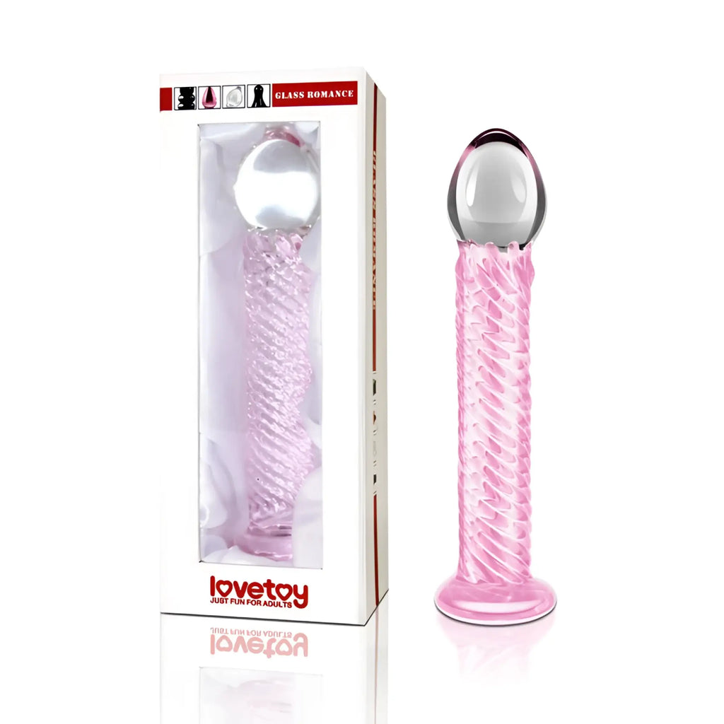 Glass Romance 7 pink glass dildo with silver metallic head and intricate twisted pattern for intimate use