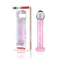 Glass Romance 7 pink glass dildo with silver metallic head and intricate twisted pattern for intimate use