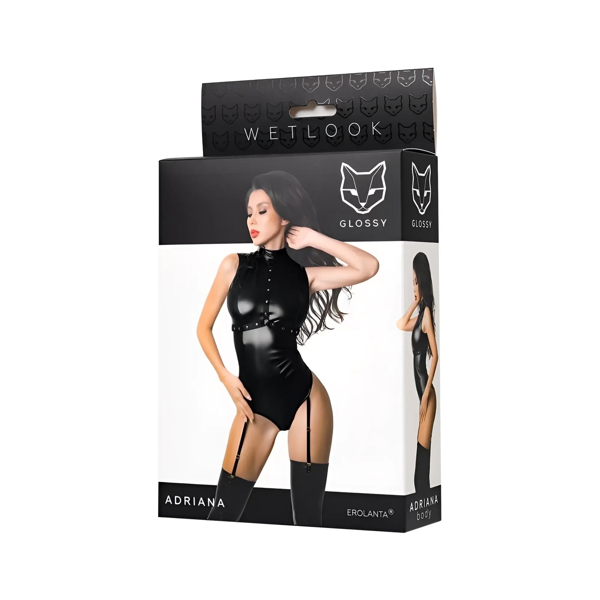 Glossy Adriana bodysuit M black glossy latex with high neckline and front button detail