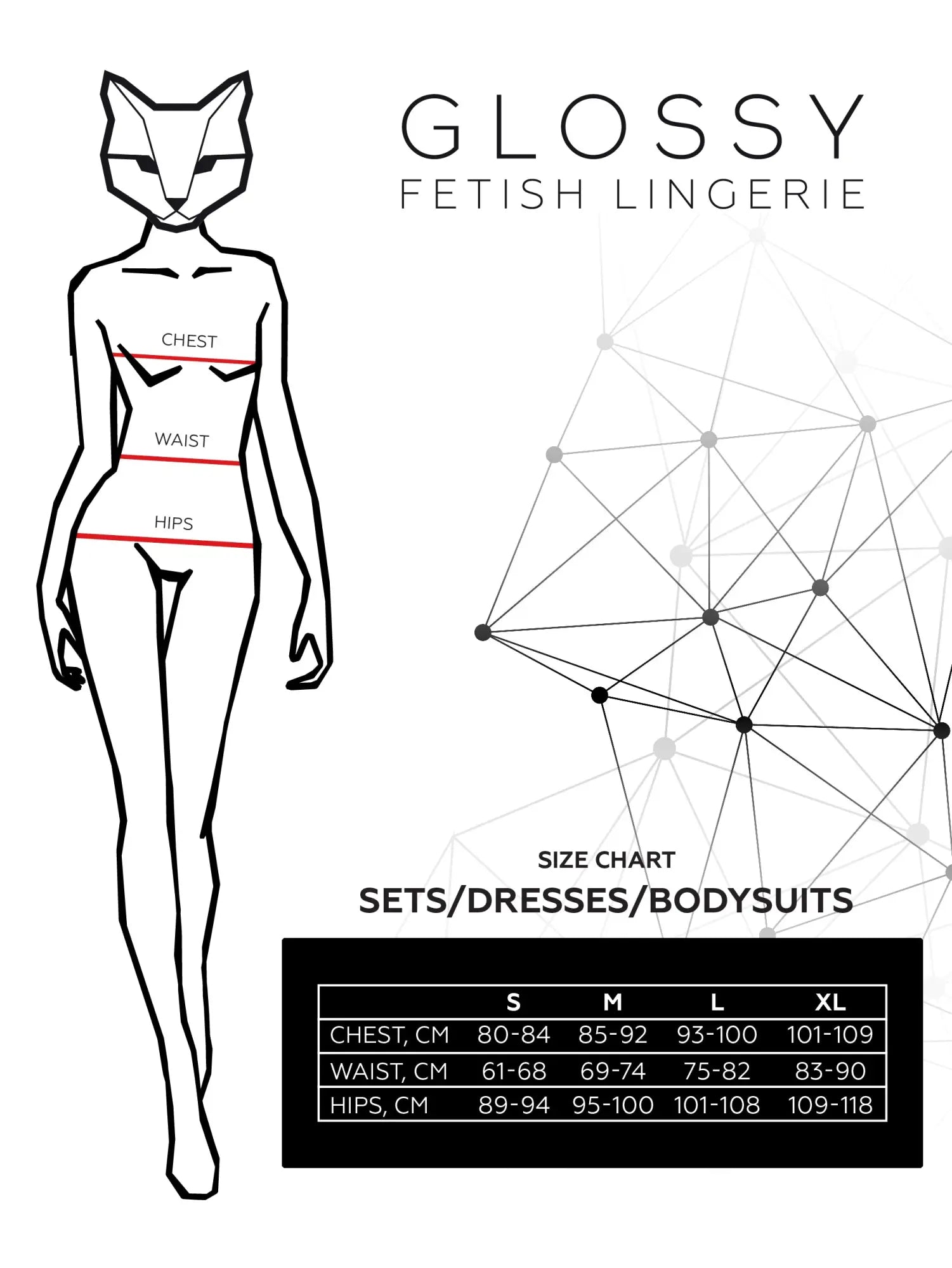 Glossy glossy doja bodysuit red m size chart with stylized fox head and chest waist hip measurement guidelines