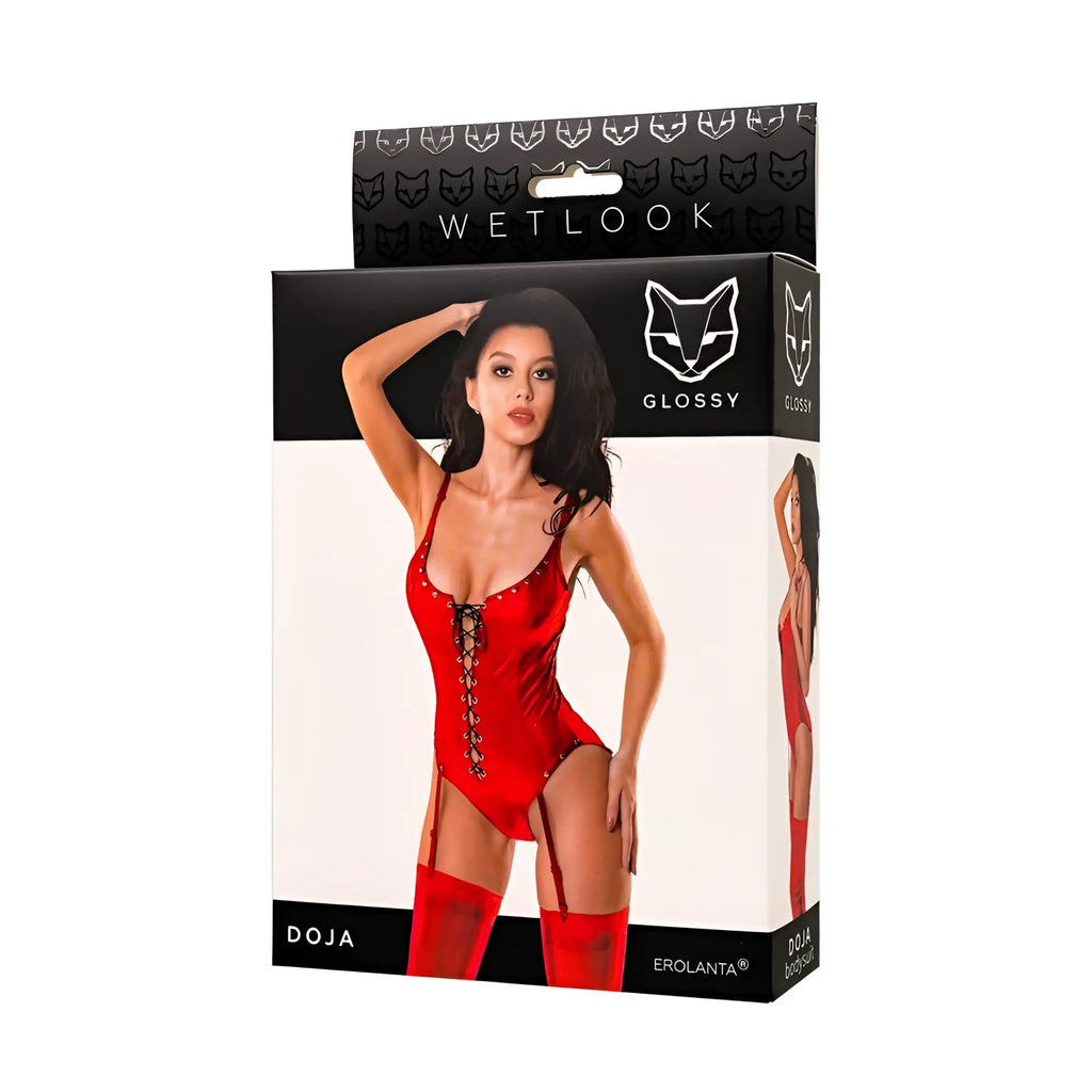 Red glossy doja bodysuit xl featuring lace-up front and matching thigh-high stockings in shiny red material