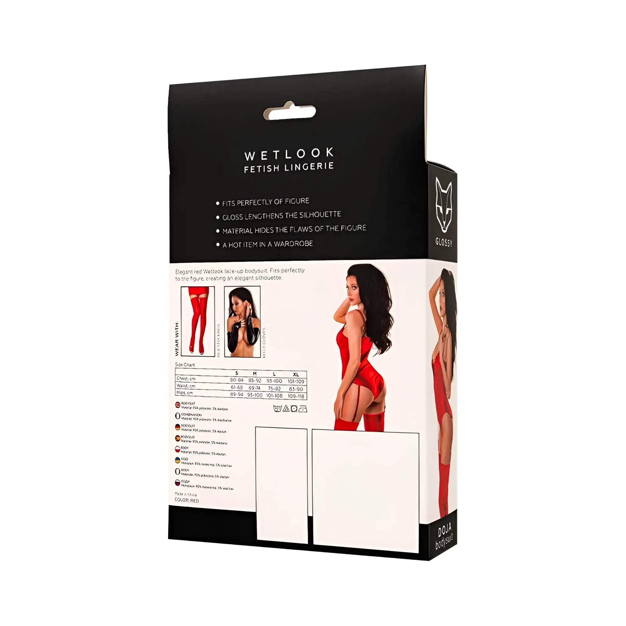 Glossy Glossy Doja bodysuit red XL wetlook fetish lingerie in glossy material packaged for retail display