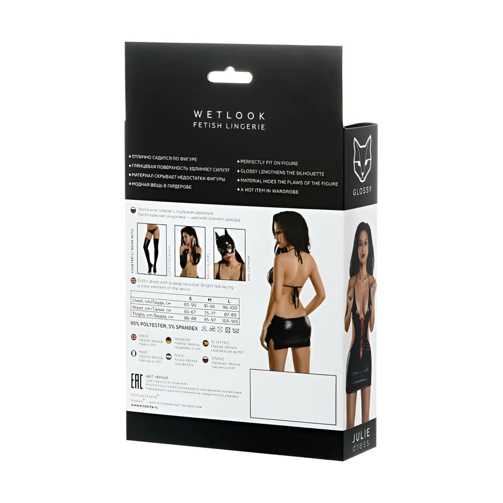 Black glossy wetlook fetish lingerie set with red laces in sleek modern packaging for stylish intimate wear