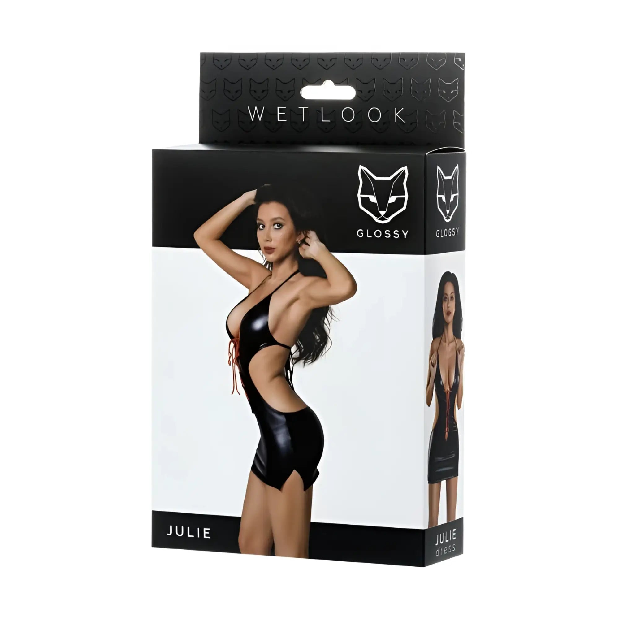 Black glossy latex dress with red lace up details and high cut hemline from the front in wetlook style