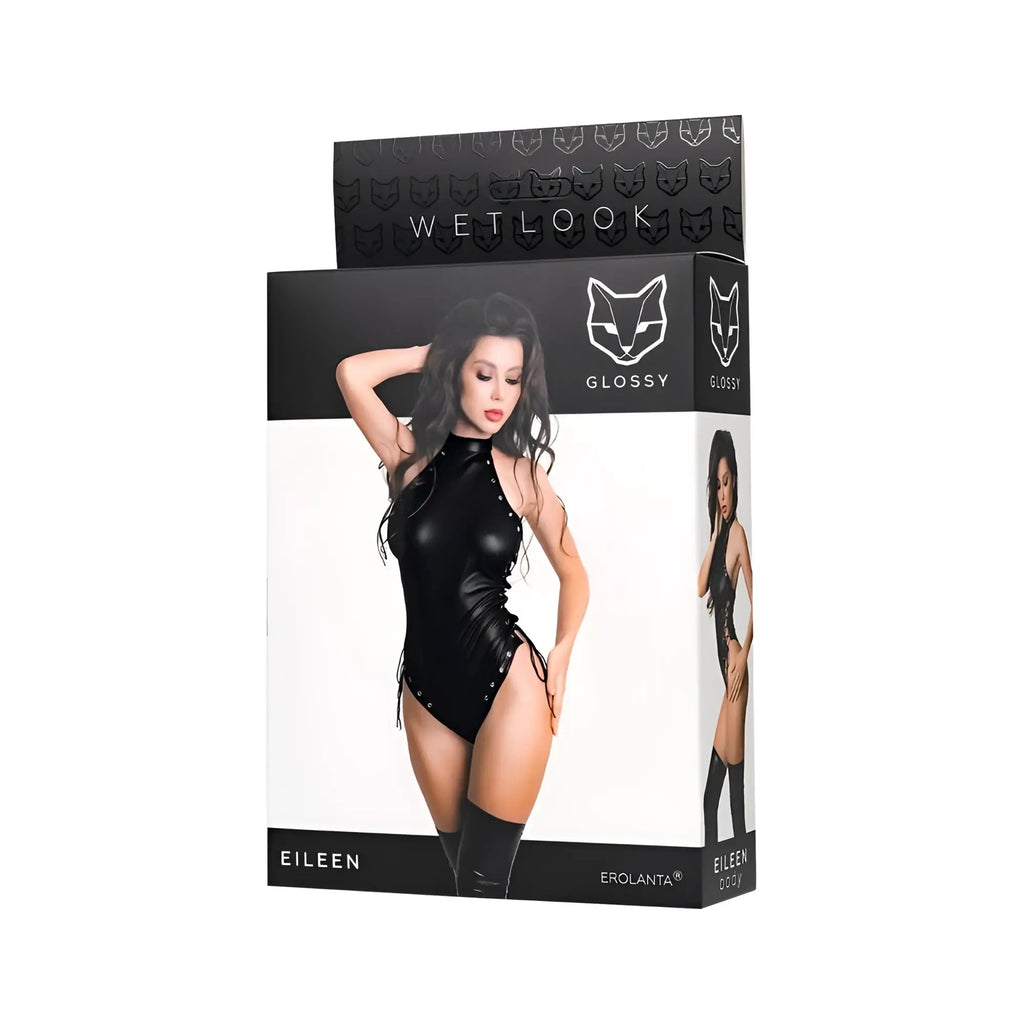 Black glossy wet look bodysuit with silver stud detailing and side ties in size medium called glossy eileen bodysuit m