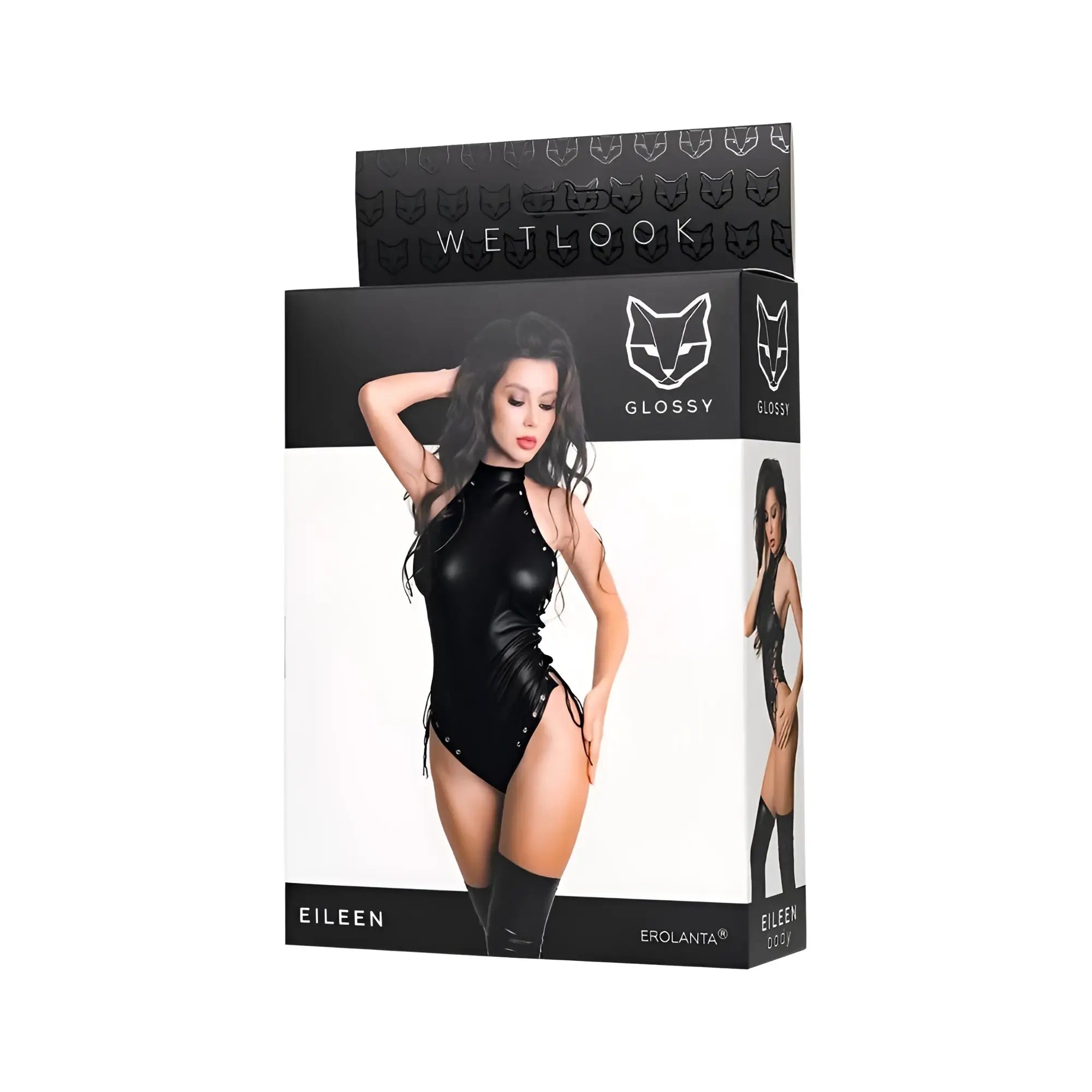 Black glossy wet look bodysuit with silver stud detailing and side ties in size medium called glossy eileen bodysuit m