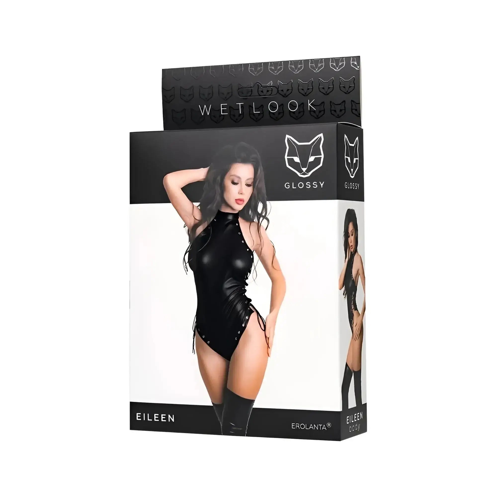 Glossy glossy Eileen bodysuit S in black glossy wet look with silver stud detailing and side ties visible from the back