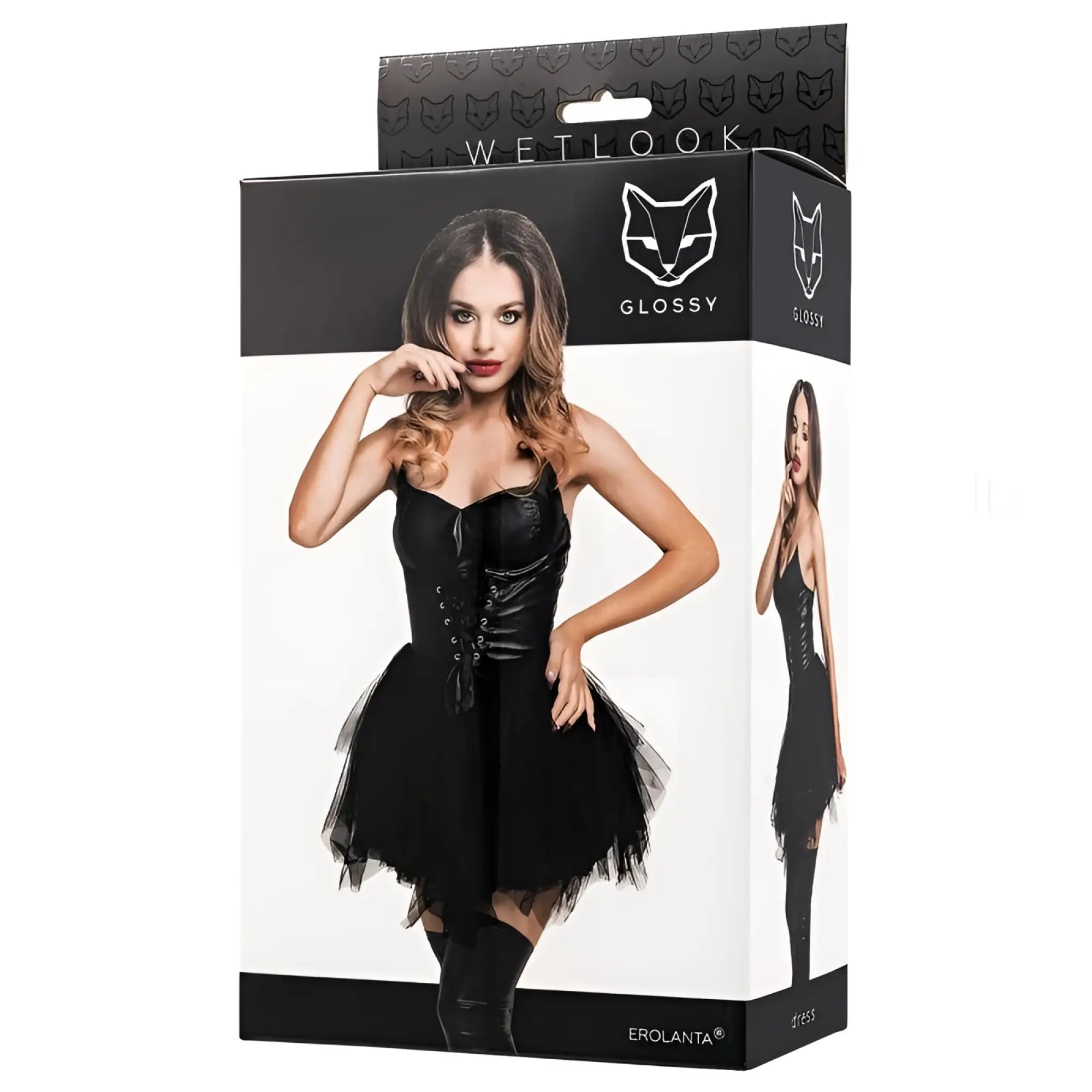 Black glossy corset dress with sheer tulle skirt and lace-up front in elisia noir wetlook material