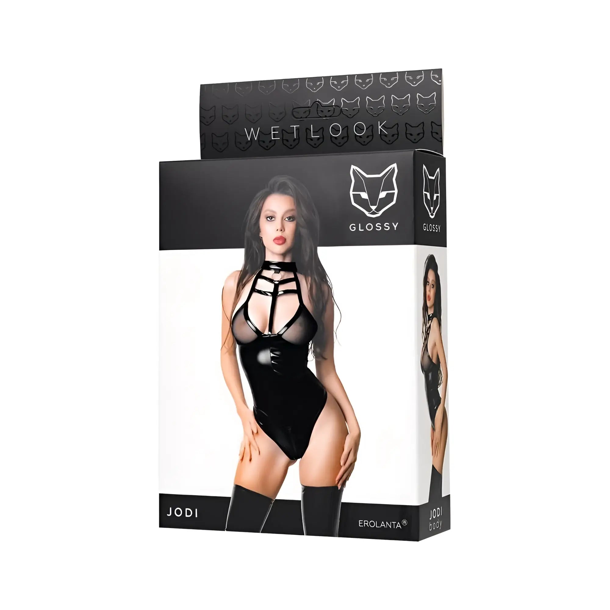 Glossy glossy jodi bodysuit l is a black glossy latex bodysuit with a strappy halter neckline and thigh-high leg openings