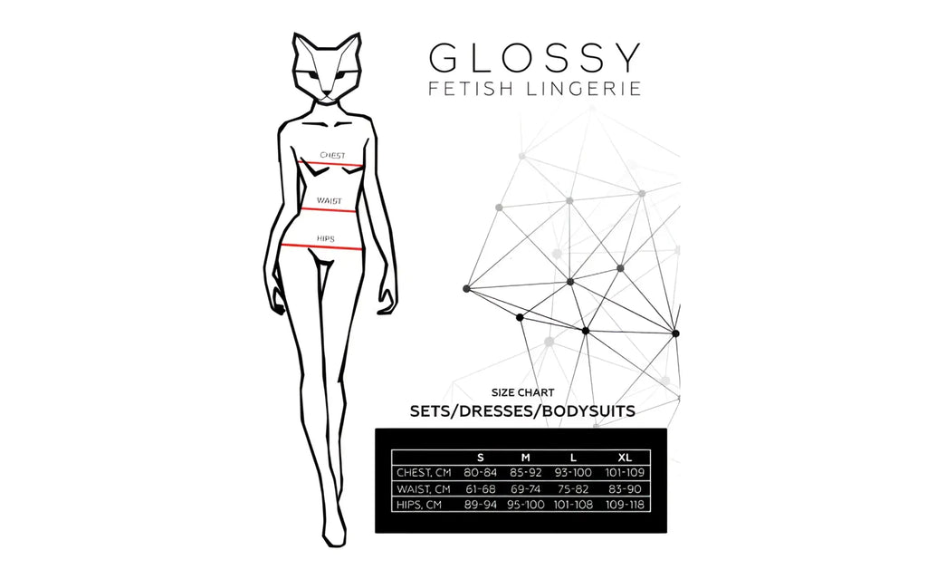 Glossy Kitti wetlook bodysuit and cat ears black size chart with stylized fox silhouette and geometric design
