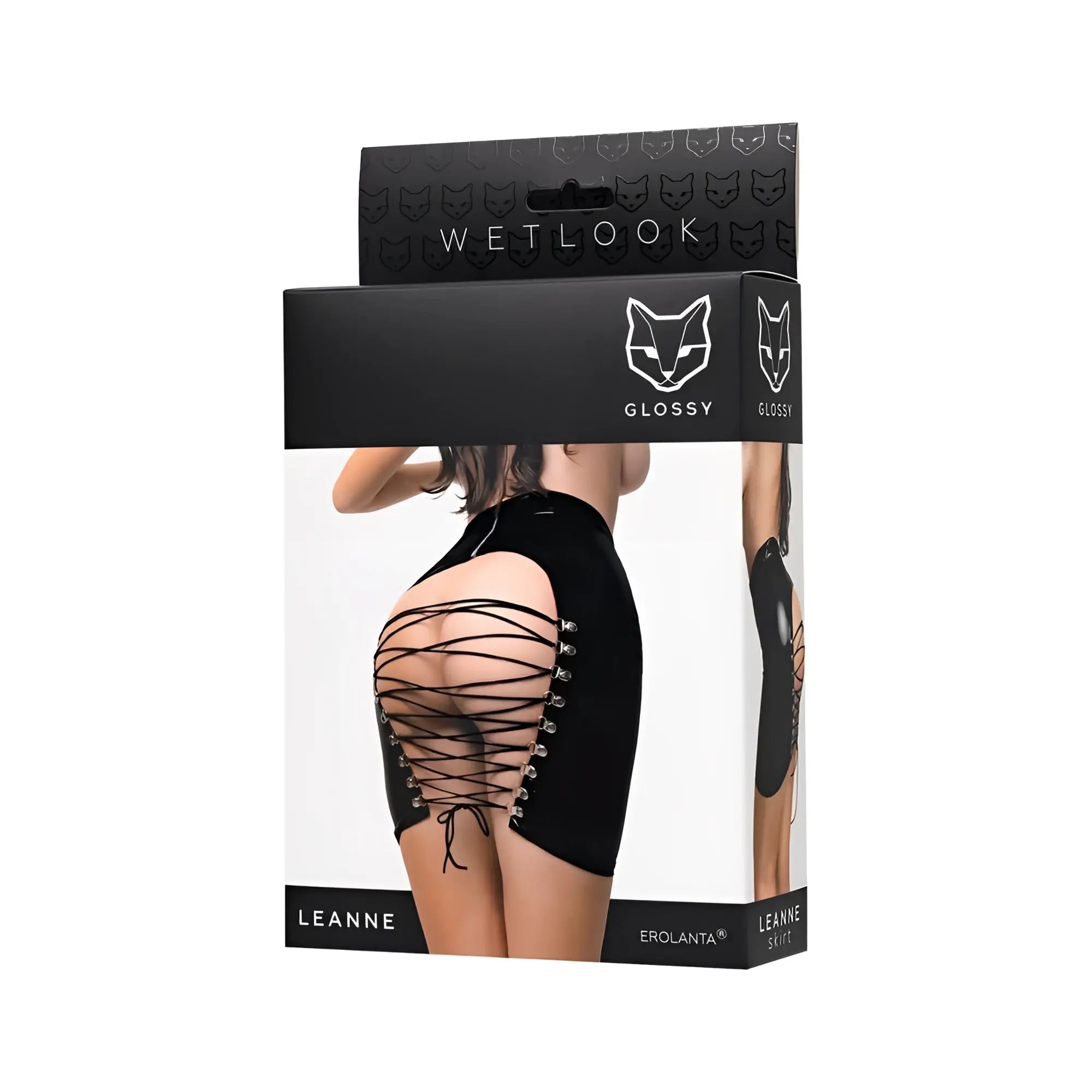 Black glossy lace-up mini skirt with silver hardware branded leanne by erolanta in glossy glossy leanne mini skirt m