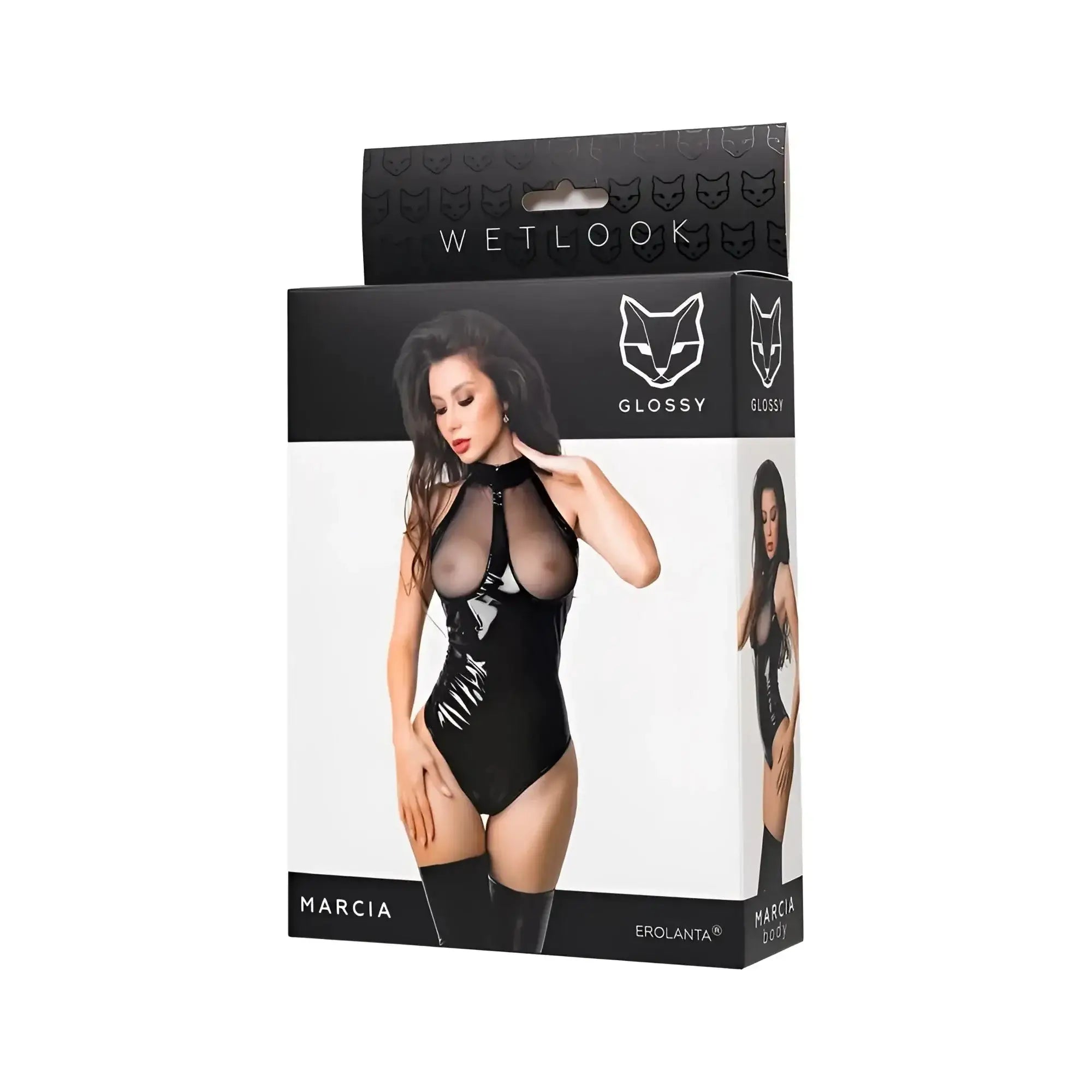 Glossy glossy marcia bodysuit l black glossy latex with high neckline and sheer panels for sleek style