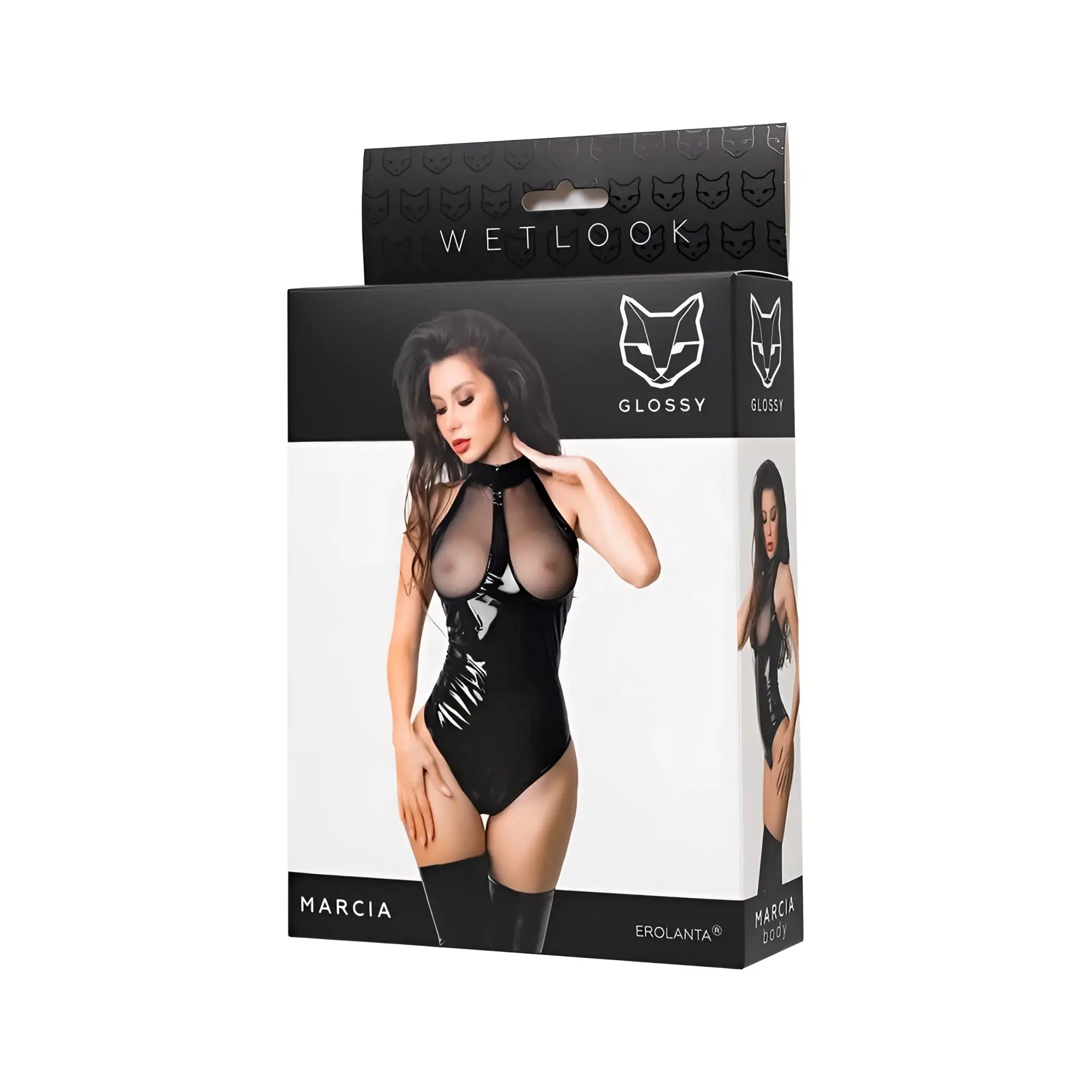 Glossy glossy marcia bodysuit m black latex with high neckline and sheer panels for bold fashion looks