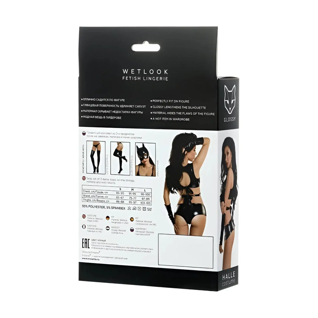 Glossy wetlook 3 pc black latex cat-themed fetish lingerie set by wetlook with glossy finish