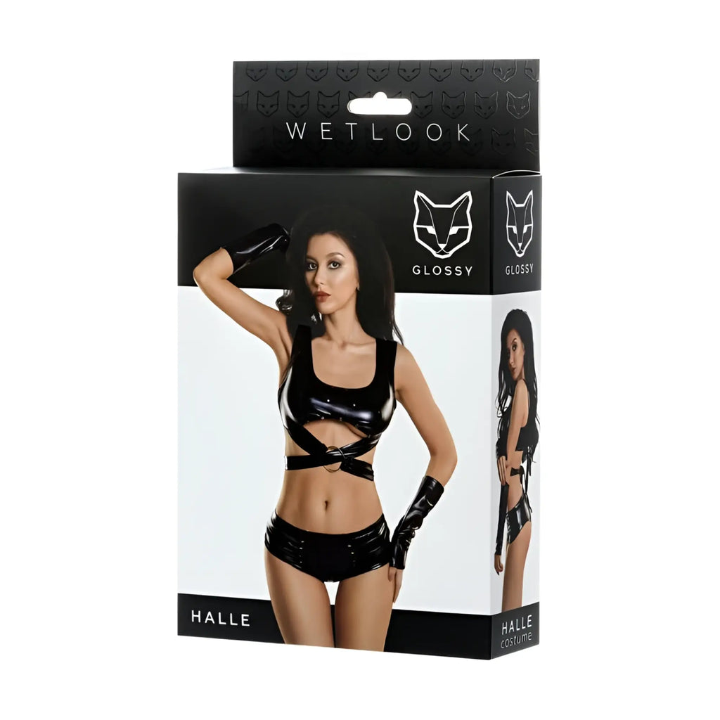 Black glossy wetlook latex cat-themed 3 pc costume set by glossy glossy wetlook for dress-up and events