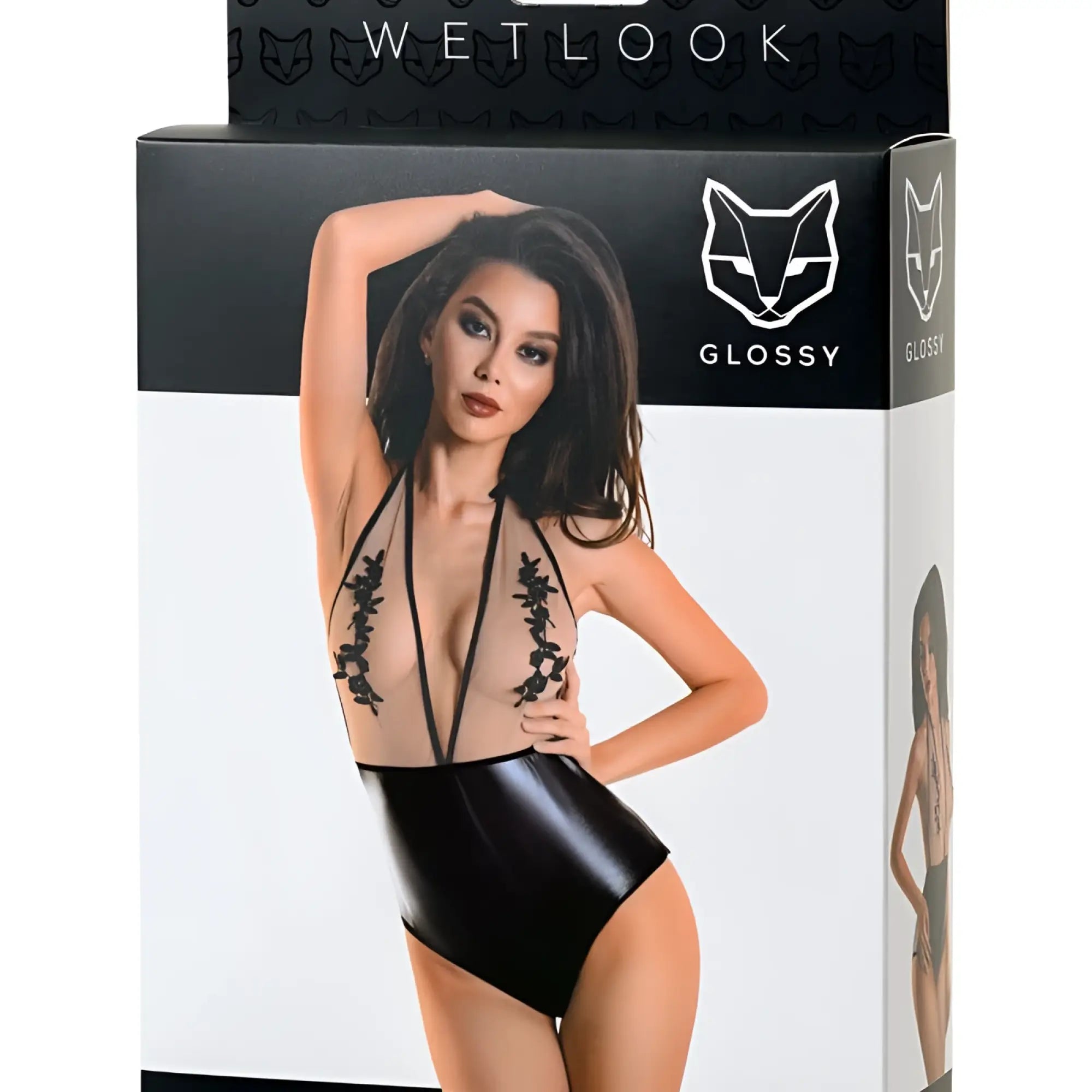 Black glossy latex one-piece swimsuit with lace detailing in the glossy glossy wetlook bodysuit kiara l