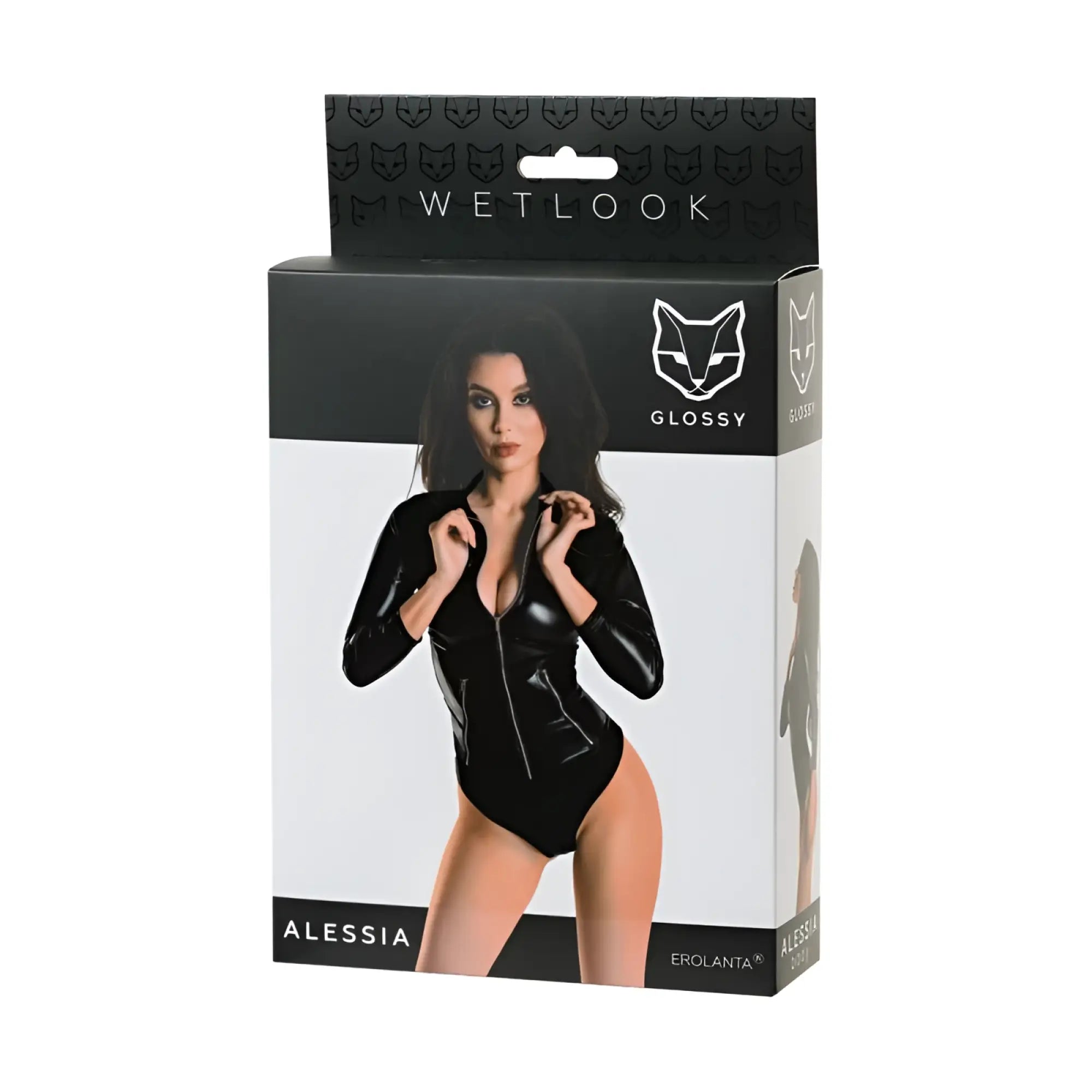 Black glossy wetlook latex bodysuit with long sleeves and front zipper for sleek stylish wear