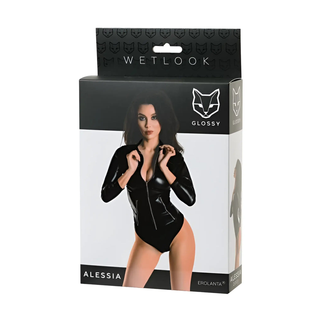 Black glossy wetlook latex bodysuit with long sleeves and front zipper in size xl designed for a sleek fit