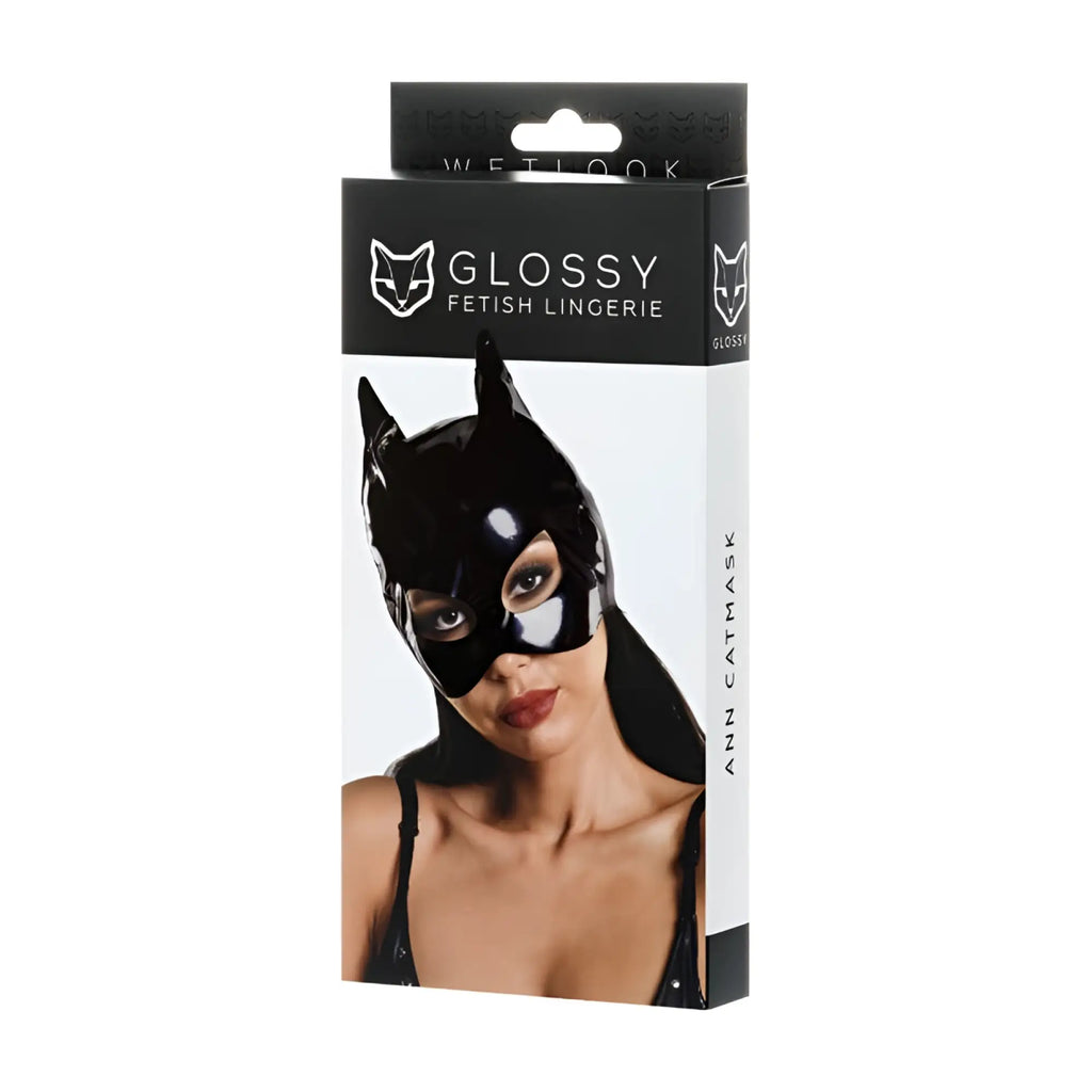 Black glossy wetlook cat mask made from glossy fetish lingerie material in one size for a sleek look