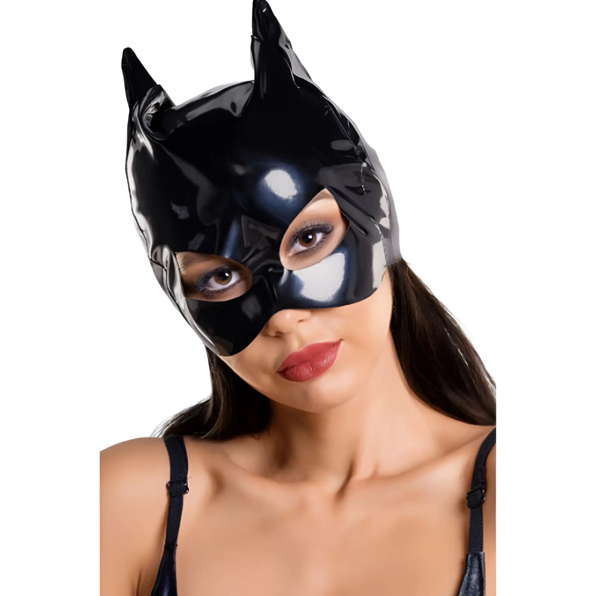 Black glossy wetlook latex cat mask with pointed ears and eye cutouts one size fits most