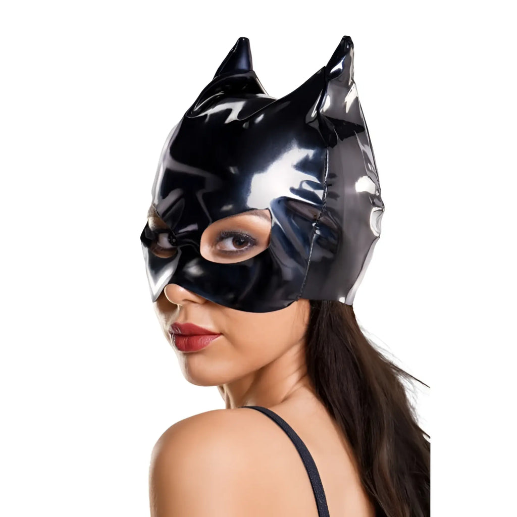 Black glossy wetlook latex cat mask with pointed ears and eye cutouts one size fits most