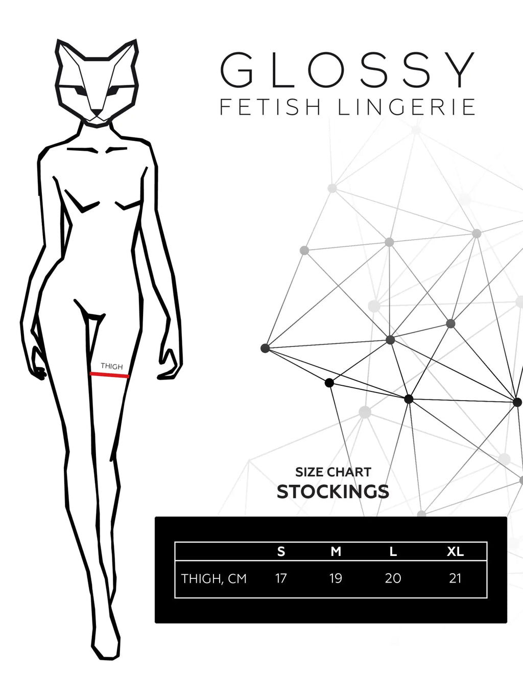 Glossy wetlook connie zipper stockings size chart showing measurements in centimeters for thigh-high fetish lingerie