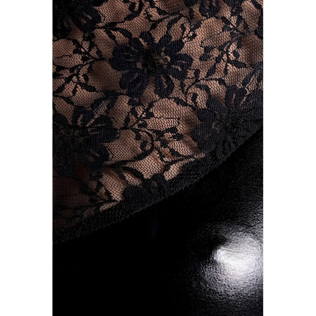 Black floral lace fabric with delicate intricate patterns featured in glossy glossy wetlook dress lulu l